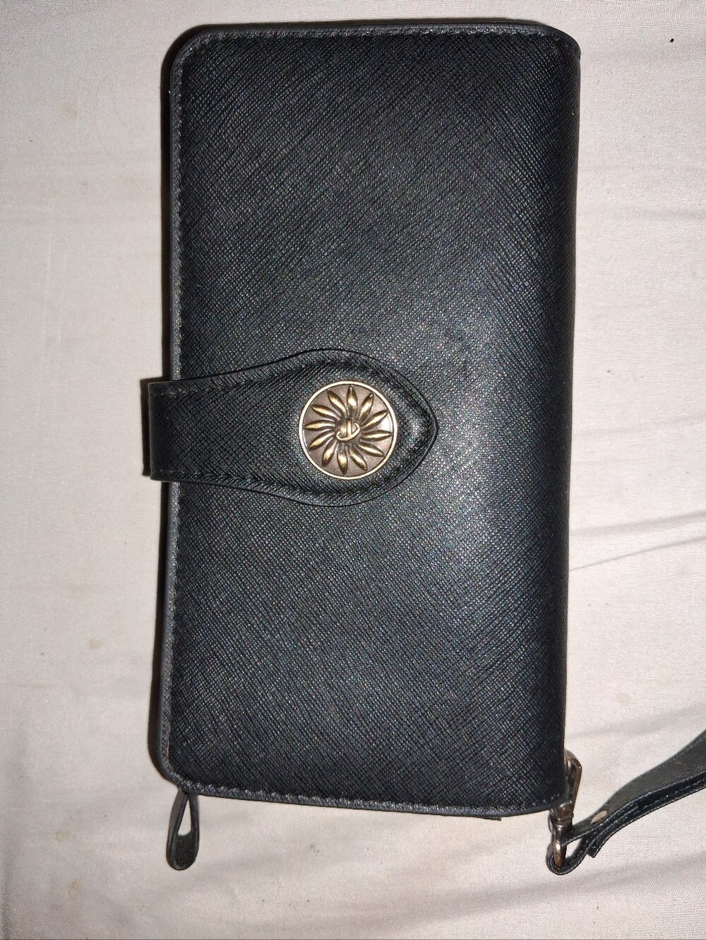 Women's Black Wristlet Wallet with Floral Button Accent